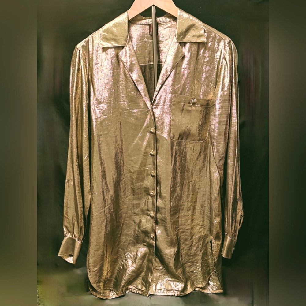 Vintage Anne Klein Gold Lame Button Up Long Sleeve Dress Shirt Sz S/M